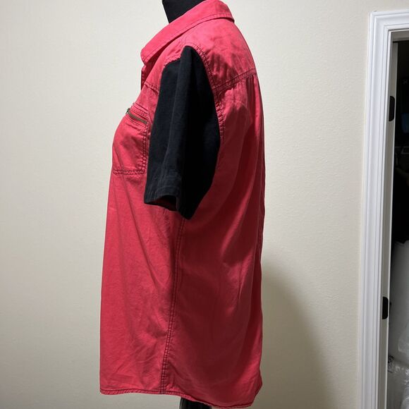 GUESS Button Up Shirt Color Block Pink Black 90s Top Metal Zipper Pockets M - Picture 5 of 14